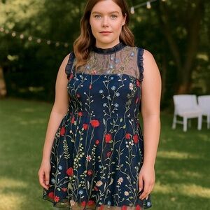 City Studio 16W Navy Mesh Floral Embroidered Fit & Flare Dress